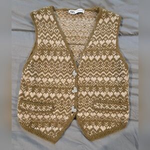Zara Jeweled Heart Button Jacquard Style Vest
